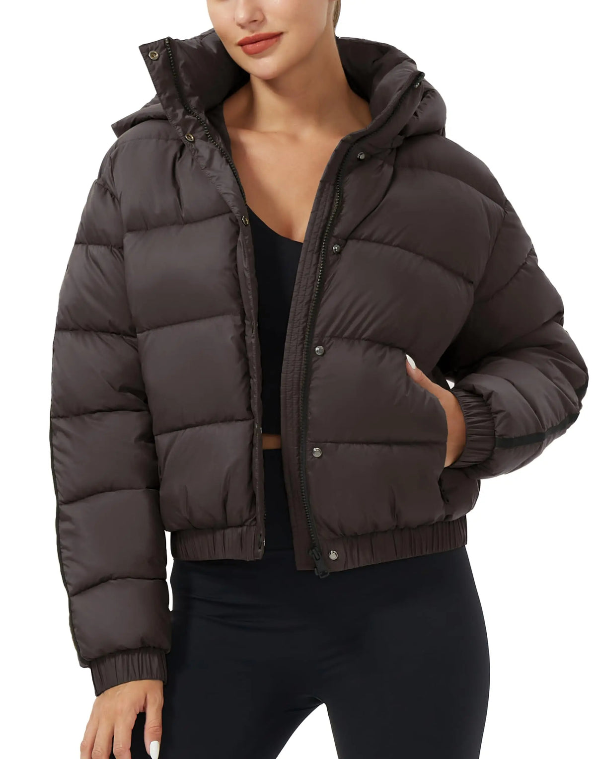 Pioneer Camp Women's Winter Cropped Puffer Jacket with Hood Waterproof Short Warm Quilted Jacket Puffy Bubble Coat Outerwear