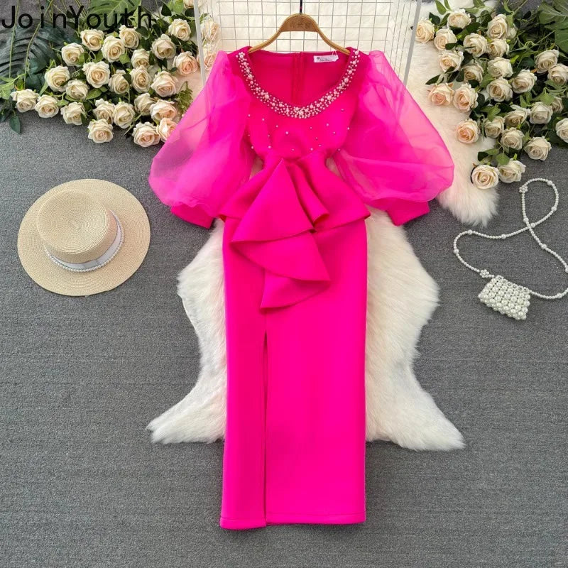 Temperament Robe Femme Party Dresses for Women Gauze Lantern Sleeve Square Collar Beading Split Dress 2025 Vestidos De Mujer