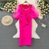 Temperament Robe Femme Party Dresses for Women Gauze Lantern Sleeve Square Collar Beading Split Dress 2025 Vestidos De Mujer