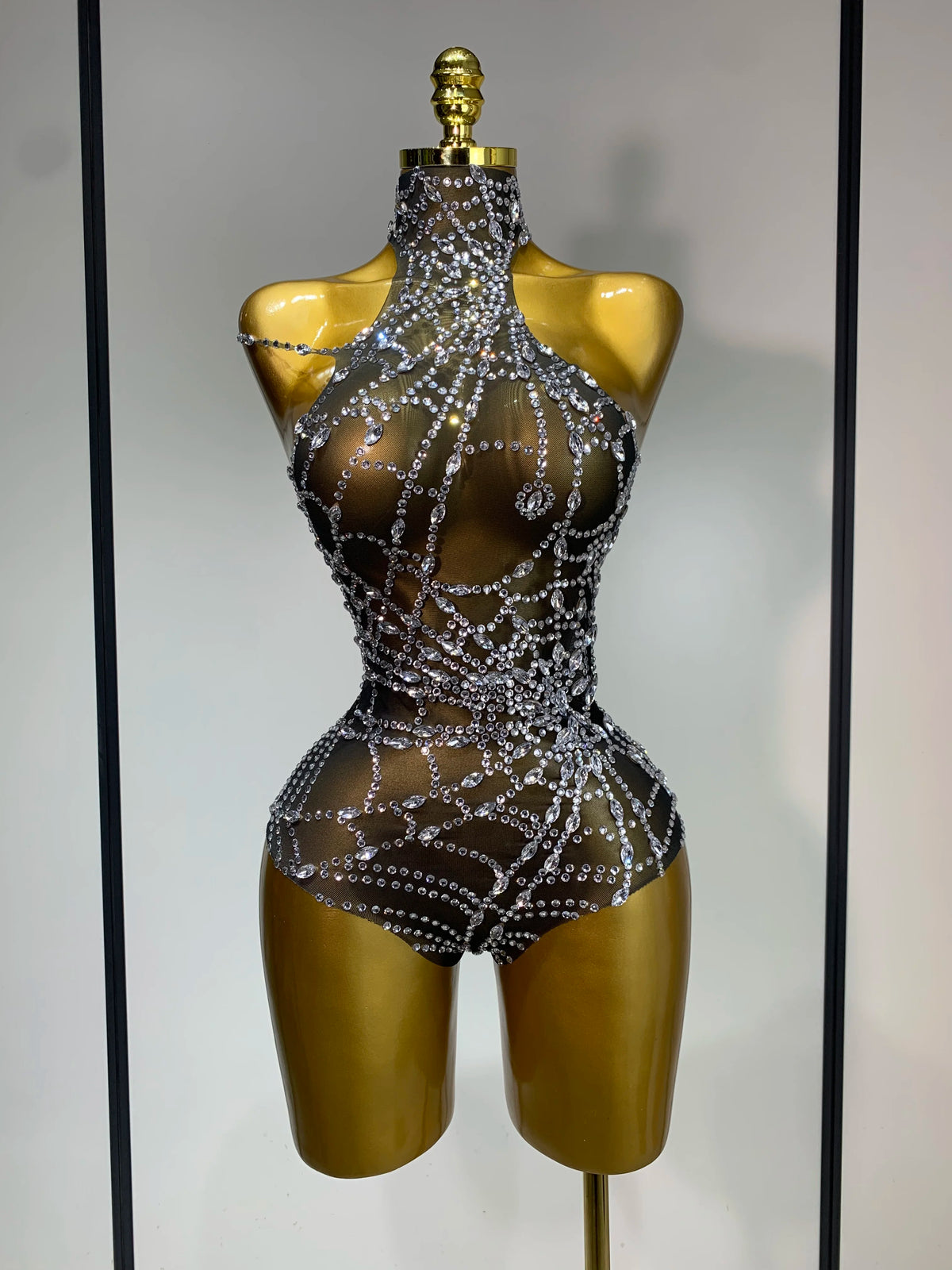 Women Luxury Black Mesh See Through Crystal Diamond Bodycon Dress Sexy Evening Party Club Nightclub Dress Singer Stage Costume