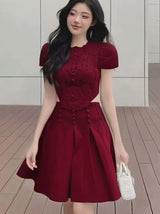 QMQA Fashion Women's Elegant Dress Spliced Lace Flower Embroidered Hollow Out Design Mini Dresses 2025 Spring New Clothing QM305