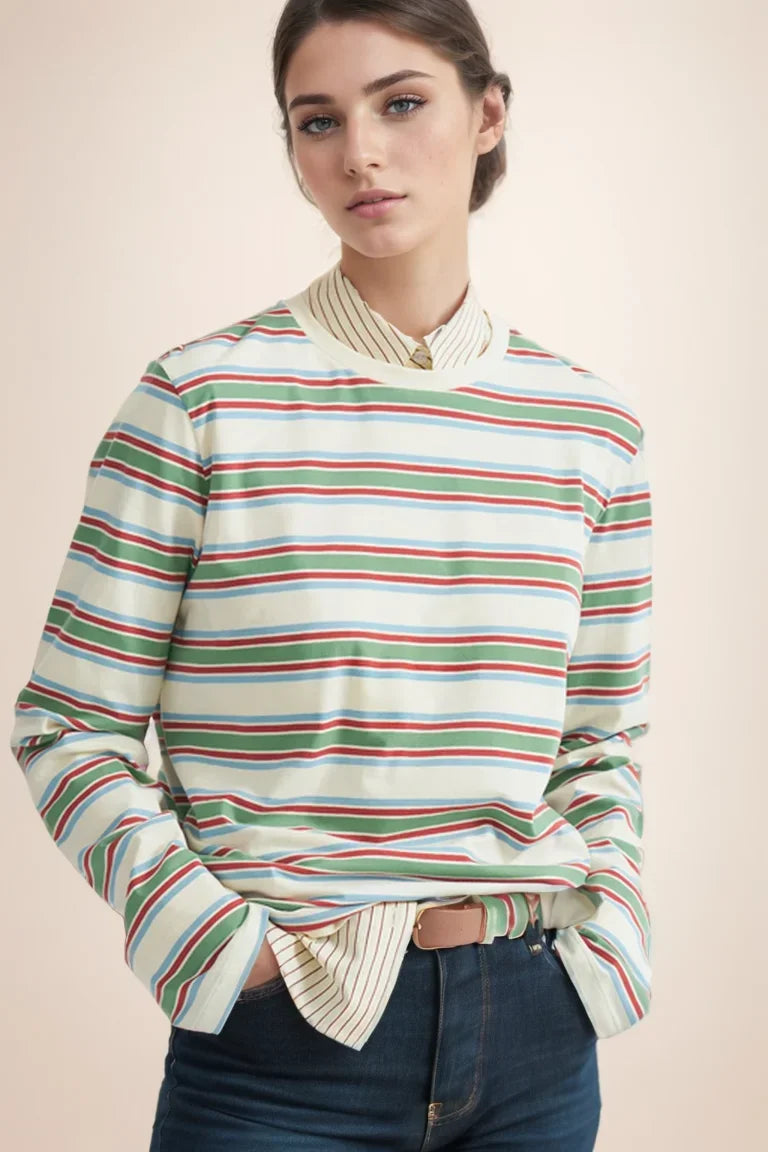 Hirsionsan Long Sleeve Striped T Shirt Women 2025 Spring autumn Oversized 100% Cotton Tshirts Female Casual Chic Tees Girls Tops