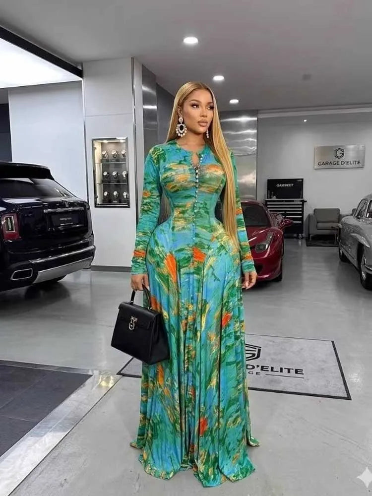 Long Maxi Dresses for Curvy Women Round Neck Spring Summer Dress Waist Slimming Floral Print Elegant Green Party Dresses Pleated