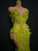 Elegant Sparkly Green Rhinestones Mesh Sheer Ruffle Maxi Dress Celebrate Eveing Birthday Party Nightclub Red Carpet Stage Wear