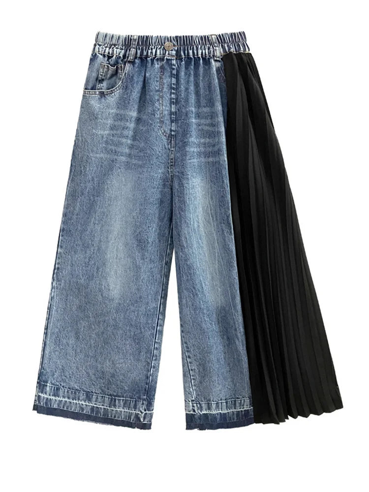 [EAM] High Waist Army Green Denim Pleated Long Wide Leg Jeans New Loose Women Trousers Fashion Tide Spring Autumn 2026 1DF7325