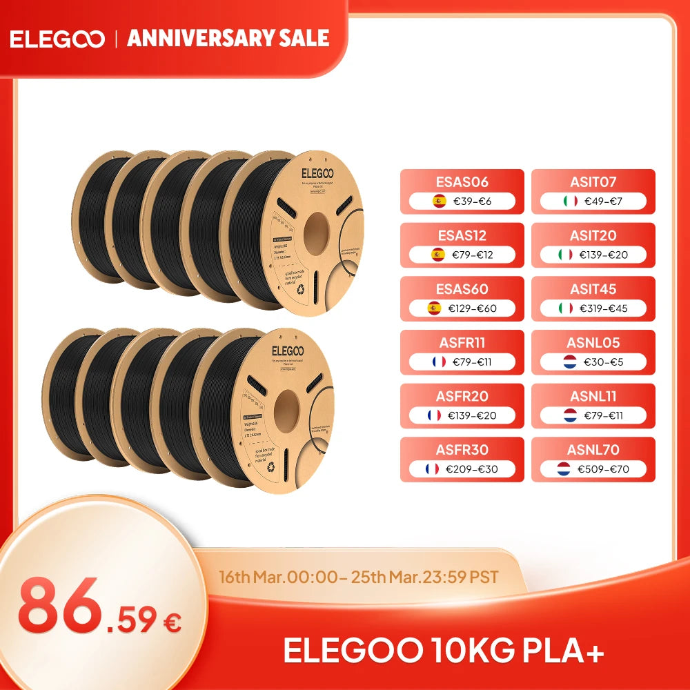 ELEGOO PLA Plus 10kg Filament 1.75mm Black 3D Printing Material Dimensional Accuracy +/- 0.02 mm Fits Most FDM 3D Printers