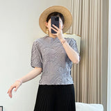 Miyake Pleated Top Women 2025 New Solid Color Embroidered Round Neck Bat Sleeve Comfortable Casual Versatile T-shirt for Women