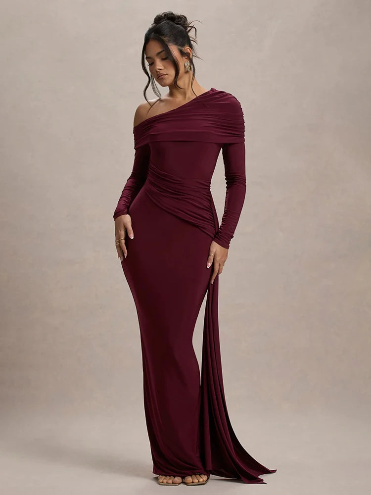 Mozision Skew Collar Long Sleeve Sexy Maxi Dress For Women Gown Fashion Backless Draped Ruched Bodycon Club Long Dress Elegant