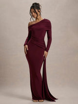 Mozision Skew Collar Long Sleeve Sexy Maxi Dress For Women Gown Fashion Backless Draped Ruched Bodycon Club Long Dress Elegant