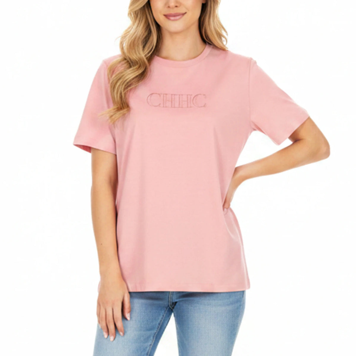 CH Women's Clothing - Pink Cotton Embroidered Letter Pattern Short-Sleeved Casual Basic T-Shirt - Urban Style Summer Fashionable