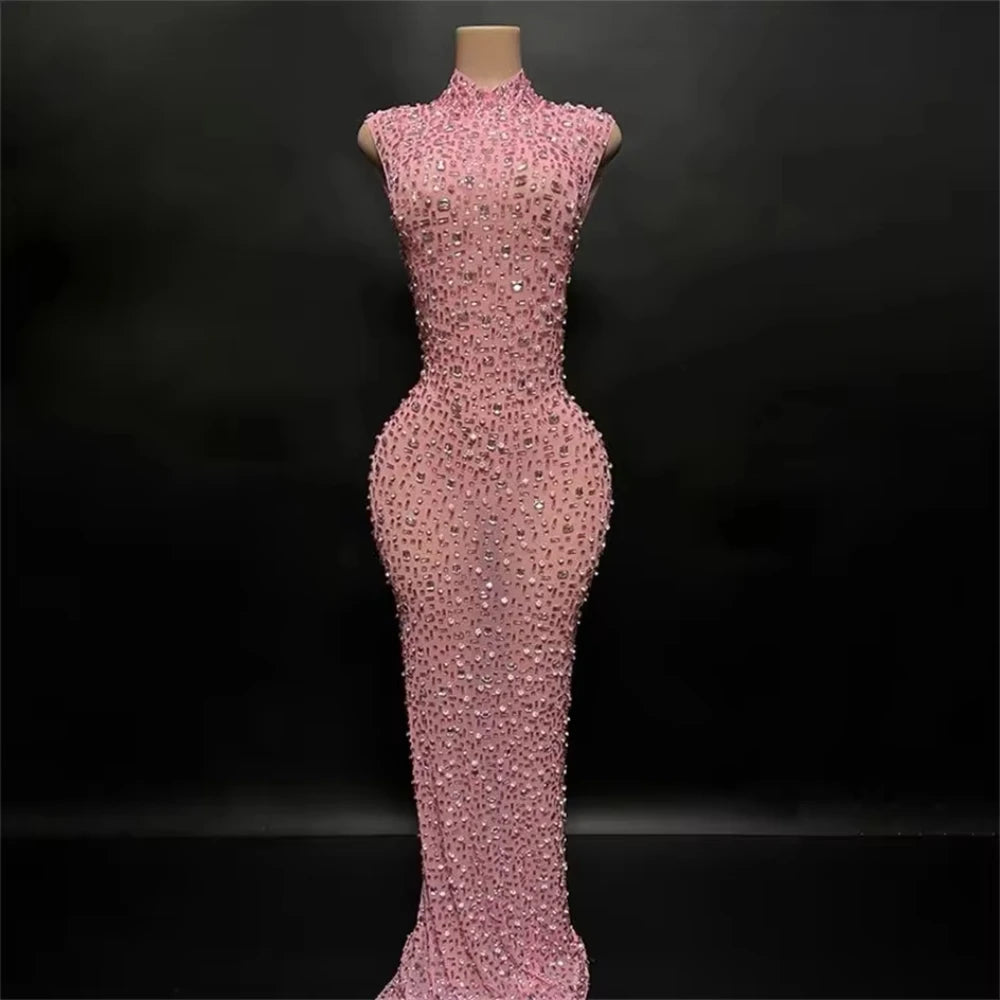 Sparkly Rhinestone Sleeveless Stretchy Mesh See Through Long Dress Women Luxury Evening Prom Gown Singer Dancer Show Stage Wear