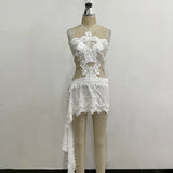 Women Openwork Short Lace Stylish Ruffled mini Dress Halter Neck See-Through Floral Lace Suitable Vacation Nightclub Wear