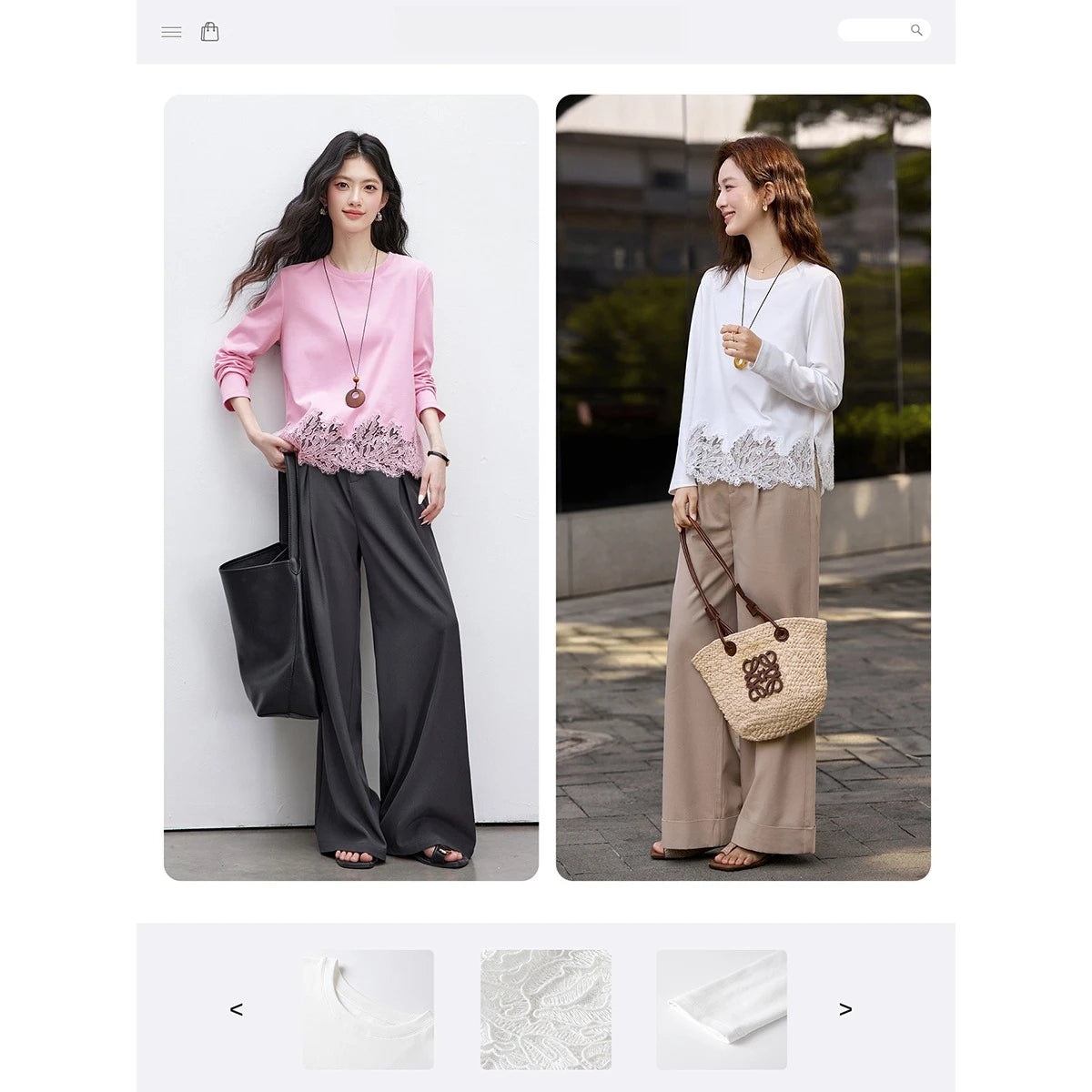 VIMLY Women‘s Casual T Shirts 2026 Spring New Fashion Round Neck Contrast Lace Trim Versatile Loose Fit Long Sleeve Top A3980