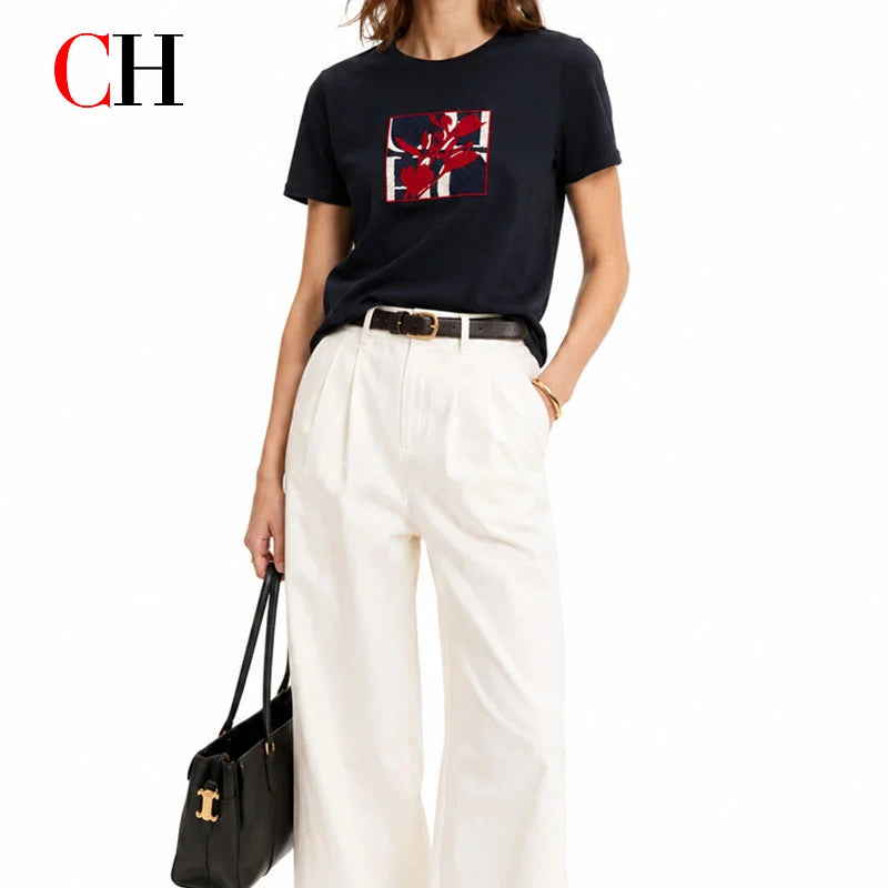 CH Square Floral Embroidered Slim Fit T-Shirt Women Crew Neck Short Sleeve Premium Casual Top