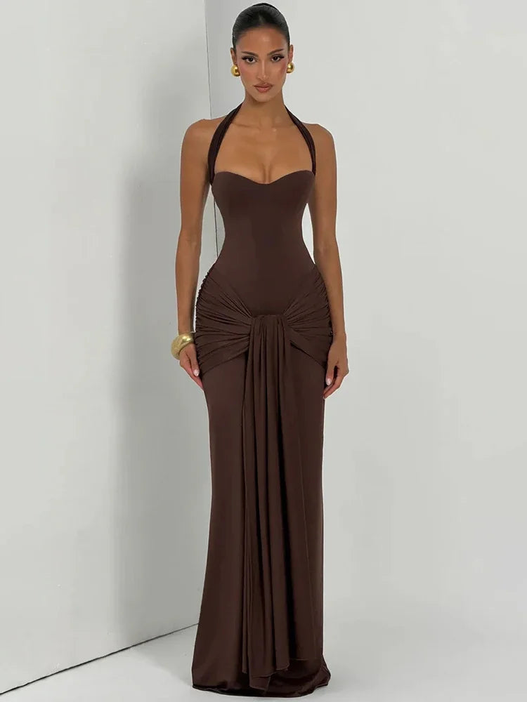Sexy Back Lace Up Halter Neck Long Dress Women Backless Ruched Waist Draped Bodycon Dresses Party Evening Cocktail Vestidos