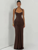 Sexy Back Lace Up Halter Neck Long Dress Women Backless Ruched Waist Draped Bodycon Dresses Party Evening Cocktail Vestidos