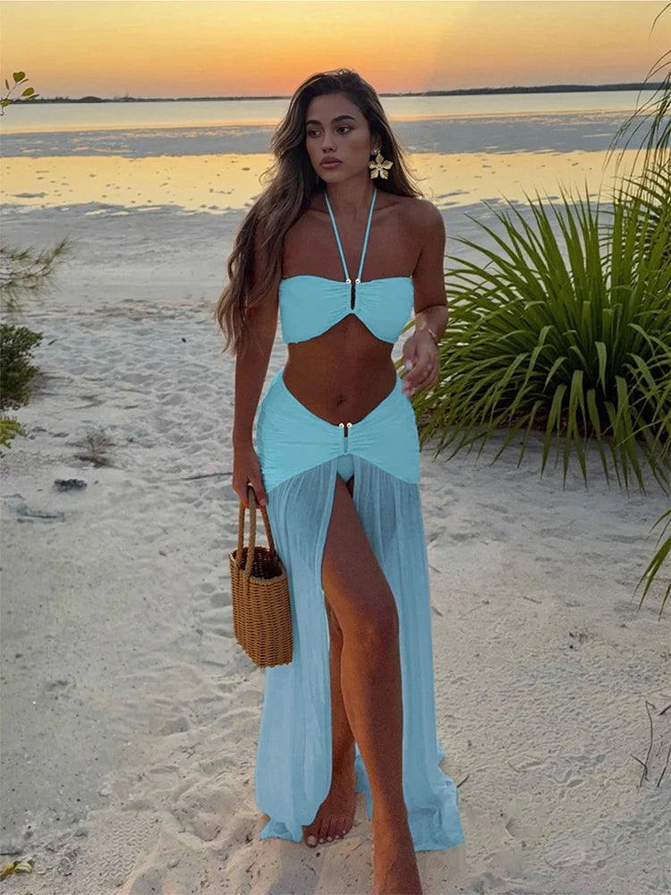Women‘s Solid Bandeau Bikini Set Sexy Beach Swimwear High Waisted Split Skirt Push Up Swimsuit Hanging Neck Bathing Suit