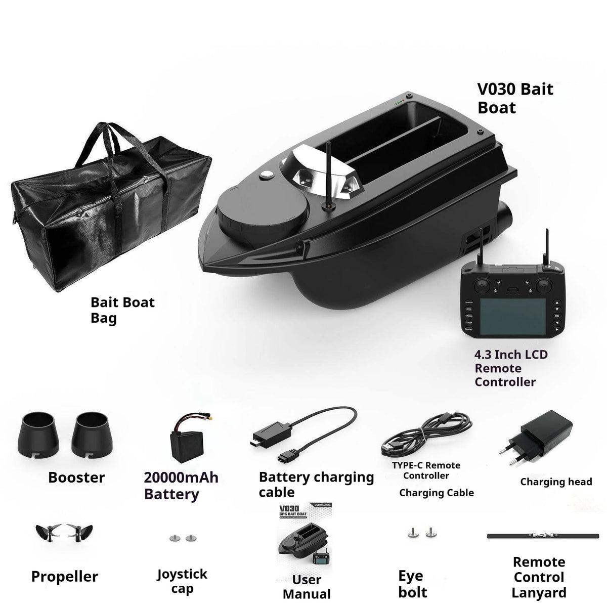 V030 Large RC Bait Ship GPS 9 Fishing Ground 180 Point Intelligent Automatic Cruise Return 12V High Speed Fish Seeker Trawl Nest
