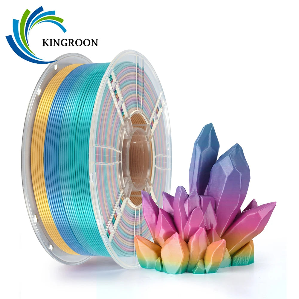KINGROON Silk PLA Plastic 1kg 1.75mm, New Multicolor Gradient 3D Printer Filament Rainbow PLA Color Chnage, Transparent Spool
