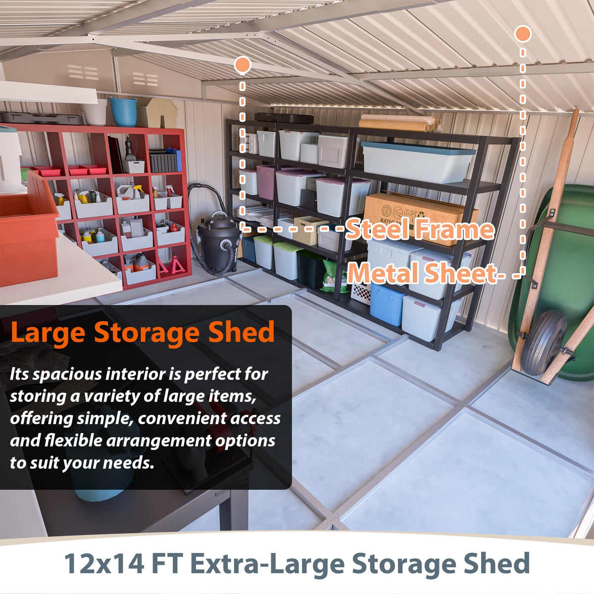 12x14FT Metal Outdoor Storage Shed, Lockable Double Doors, Waterproof Garden Tool House, Light Gray