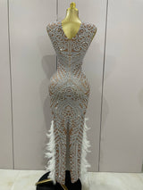 Women Sparkly Rhinestone Feathers Sleeveless O Neck Bodycon Long Dress Wedding Guest Gowns Luxury Birthday Evening Party Dress