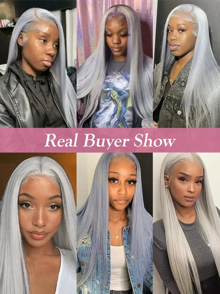 40 42 Inch Silver Grey Colored Bone Straight Lace Front Human Hair Wigs Silky Hair HD Transparent 13x6 13x4 Lace Frontal Wigs For Women Brazilian Real Virgin Hair Wigs Pre Plucked 250% Density High Quality