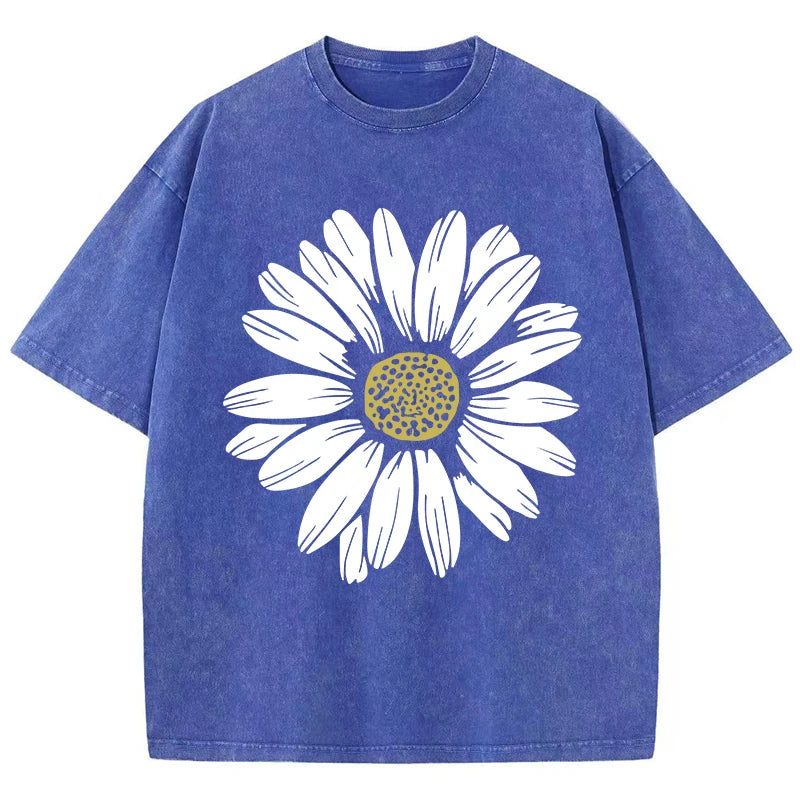 Simple Beautiful Sunflower Prints Washed T-Shirts Women Cottont Shirts O-Neck Oversized Acid Wash Tops Vintage Woman Streetwear