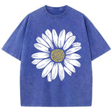 Simple Beautiful Sunflower Prints Washed T-Shirts Women Cottont Shirts O-Neck Oversized Acid Wash Tops Vintage Woman Streetwear