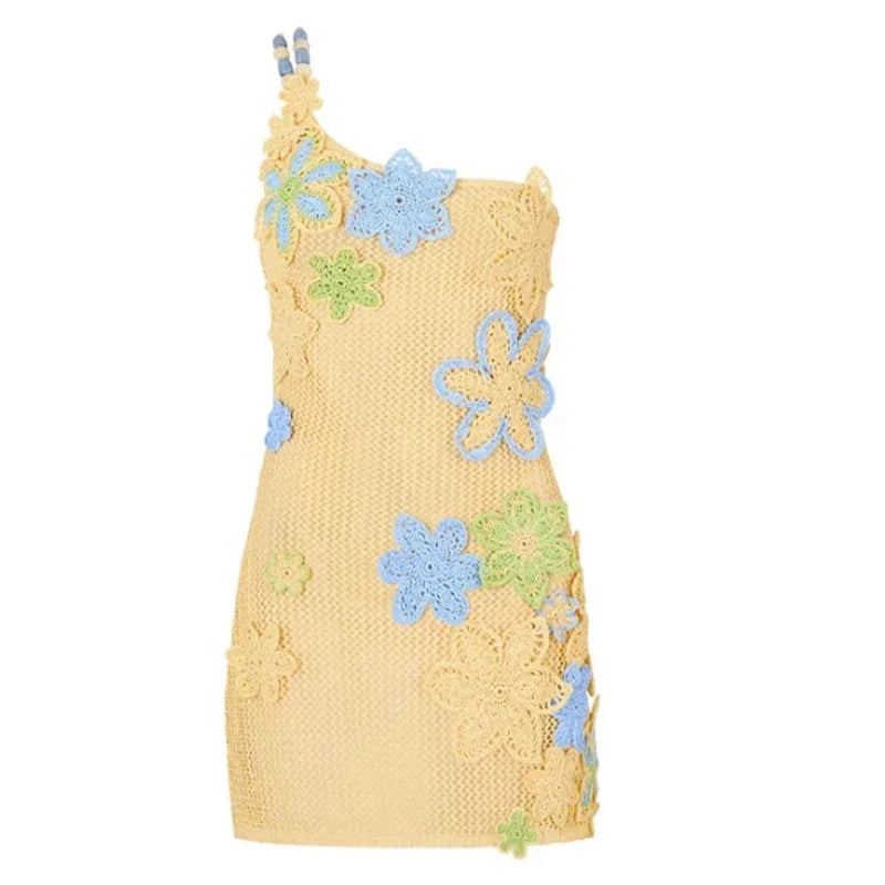 Summer Mini Dress Hollow Out Sling Sexy Dress Women Flower Slim Fit Off Shoulder Chic Female Knitted Crochet Beach Short Dress
