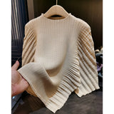 LANMREM Irregular Pleated Texture Womens's T-Shirt Chic New Elegant Versatile Loose Round Neck Solid Color Pullover Tops 2DB6501
