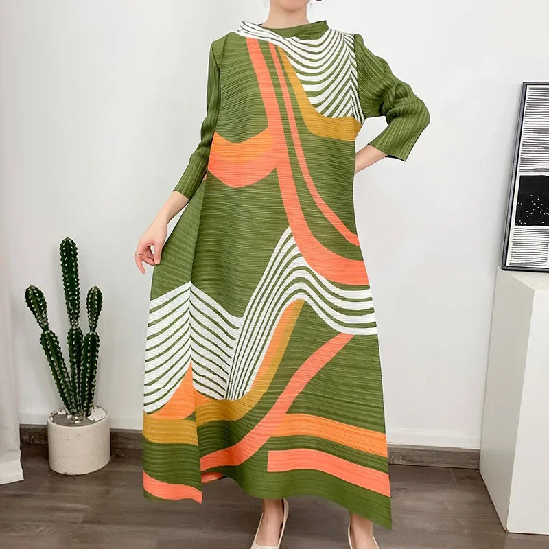 ANLAN Miyake Pleated Dress 2024 Summer New O-Neck Long Sleeved Printed Fashion Evening Dresses Elegant Women's Clothing 9AK2075