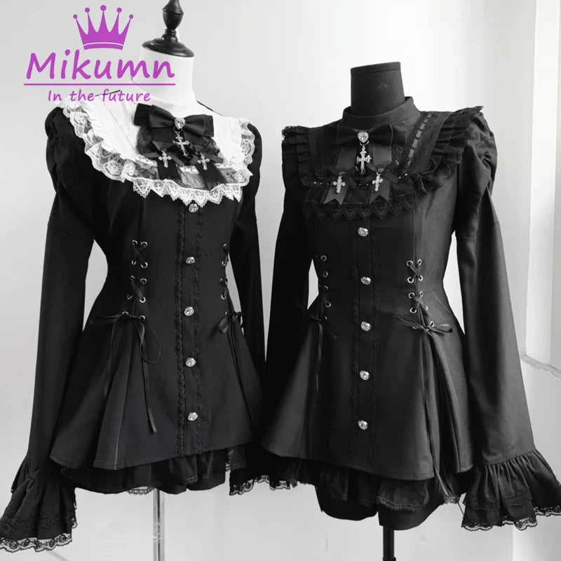 Mikumn Harajuku Y2k Japanese Lolita Style Dress With Shorts Kawaii Vestidos Women Gothic Lace Bow Flare Sleeve Party Mini Dress
