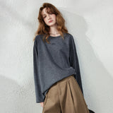 TOYOUTH Women T‑Shirt 2026 Autumn New Batik Cotton Long Sleeve Vintage Loose Letter Print Dark Grey Tops