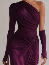 Spring Summer Skew Collar Solid Maxi Dress, Women Holiday Fashion One Shoulder Party Dress, 2026 Elegant Patchwork Ladies Dress