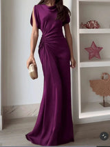Casual O-neck Draped Gowns Dress Elegant Hight Waist Slim Fit Evening Dress Vestidos Women Fashion Temperament Solid Long Dress