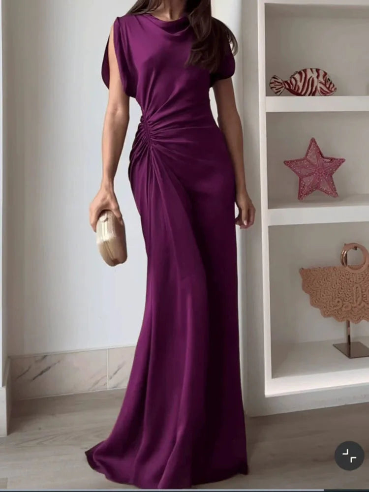 Casual O-neck Draped Gowns Dress Elegant Hight Waist Slim Fit Evening Dress Vestidos Women Fashion Temperament Solid Long Dress