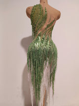 Women Sparkly Rhinestones Tassel Green One Shoulder Sexy See-Through Dress Latin Dance Outfits Bar Nightclub Party Stage Costume