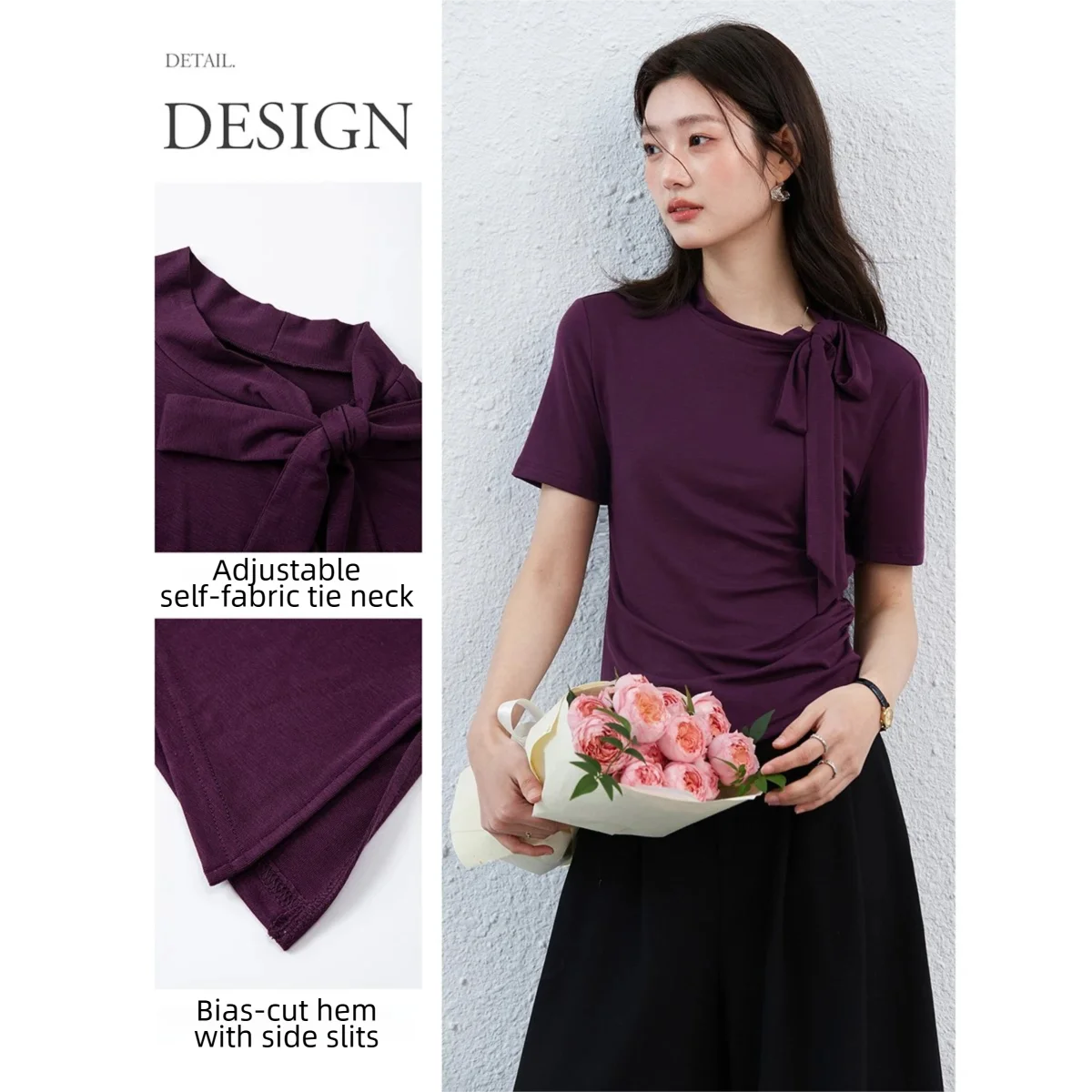 VIMLY Women's Summer T-Shirt 2026 Elegant Fashion Ladies Tee Adjustable Bow Tie Asymmetrical Hem Slim Fit Short Sleeve Top A5210