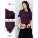 VIMLY Women's Summer T-Shirt 2026 Elegant Fashion Ladies Tee Adjustable Bow Tie Asymmetrical Hem Slim Fit Short Sleeve Top A5210