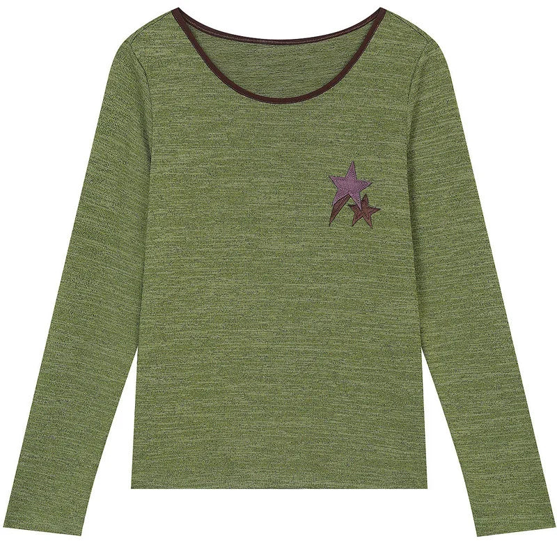 ELFSACK Women's Striped Ringer T-Shirt with Star Print, Casual Long Sleeve Graphic Top for Everyday Wear