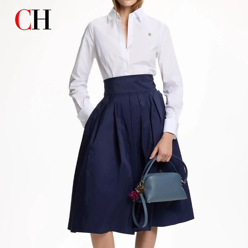 CH Women Elegant White Lapel Shirt Gold CH Logo Long Sleeve Blouse Formal Office Lady Workwear Slim Fit Basic Shirts