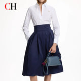 CH Women Elegant White Lapel Shirt Gold CH Logo Long Sleeve Blouse Formal Office Lady Workwear Slim Fit Basic Shirts