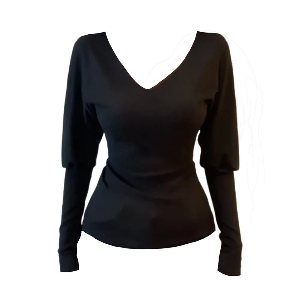 Women Black Gothic Emo V-Neck T-shirt Y2k Gyaru Tee Top 2000s Aesthetic Vintage Long Sleeve Knit T-shirts Clothes Spring Autumn