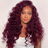 Dixtefo Burgundy Deep Wave Wigs Lace 200 Density 36 Inches Lace Frontal Human Hair for Women