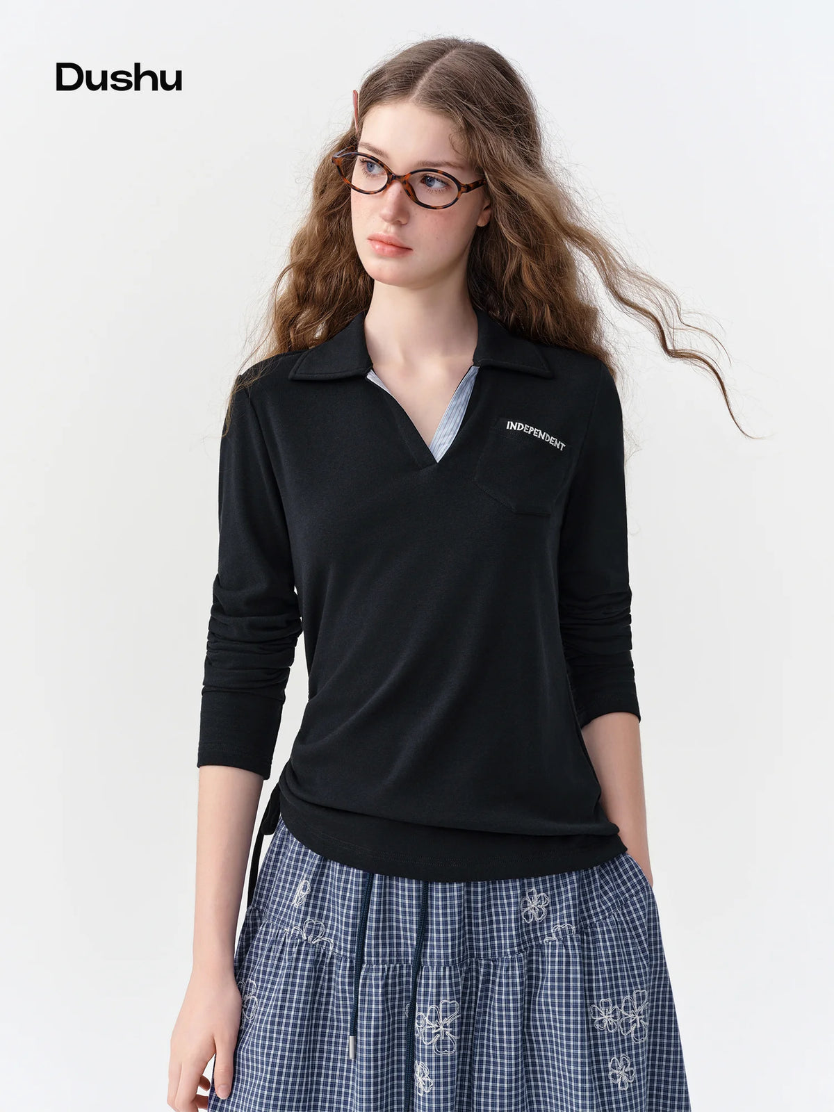 DUSHU Fall Women's Cotton Striped Henley Contrast Color T-Shirt - Chic Flattering Fitted Versatile Top for Everyday Wear Style