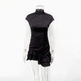 Trendix Women's Elegant Satin Evening Dress Fashion Stand Neck High Waist Slim Mini Dresses Party Sexy Short Sleeve Ruffle Dress