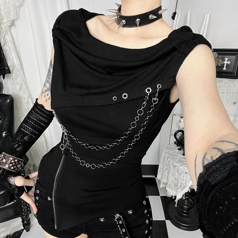 Women T-shirts Black Short Sleeveless Slim Summer Tees 2026 New Halloween Y2K Grunge Punk Lolita Elegant Party Crop Tops