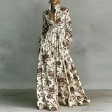 Retro Pattern Print High Waist Pleated Dress Woman Spring Shirt Collar Button Pockets Maxi Dress Long Sleeve Boho Vacation Dress
