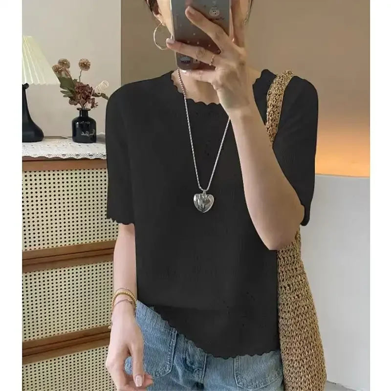 Women's Clothing Loose T-shirt Summer Knit French Style Hollow Out Short Sleeve Ice Silk Tee Lady Large Size O-neck Elegant Tops