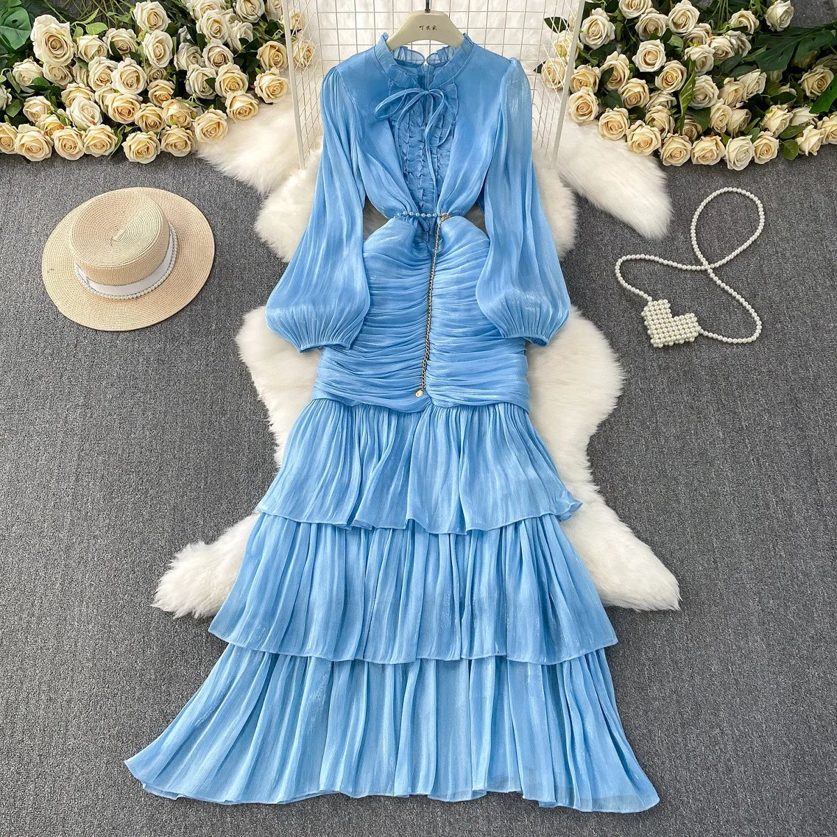Spliced Lace Dresses Lantern Sleeve Ankle Length Dress Women Solid Party Dress Sexy Wrap Buttocks 2025 Autumn High Waist